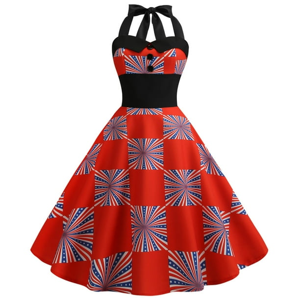 Women Vintage Sleeveless V Neck Flag Printing Evening Party Prom Swing Dresses Women Vintage Sleeveless V Neck Flag Printing Evening Party Prom Swing Dresses